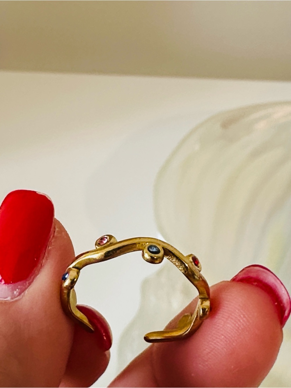Fashion Jewelry Gold-Tone Open Ring with Red and Blue Accents